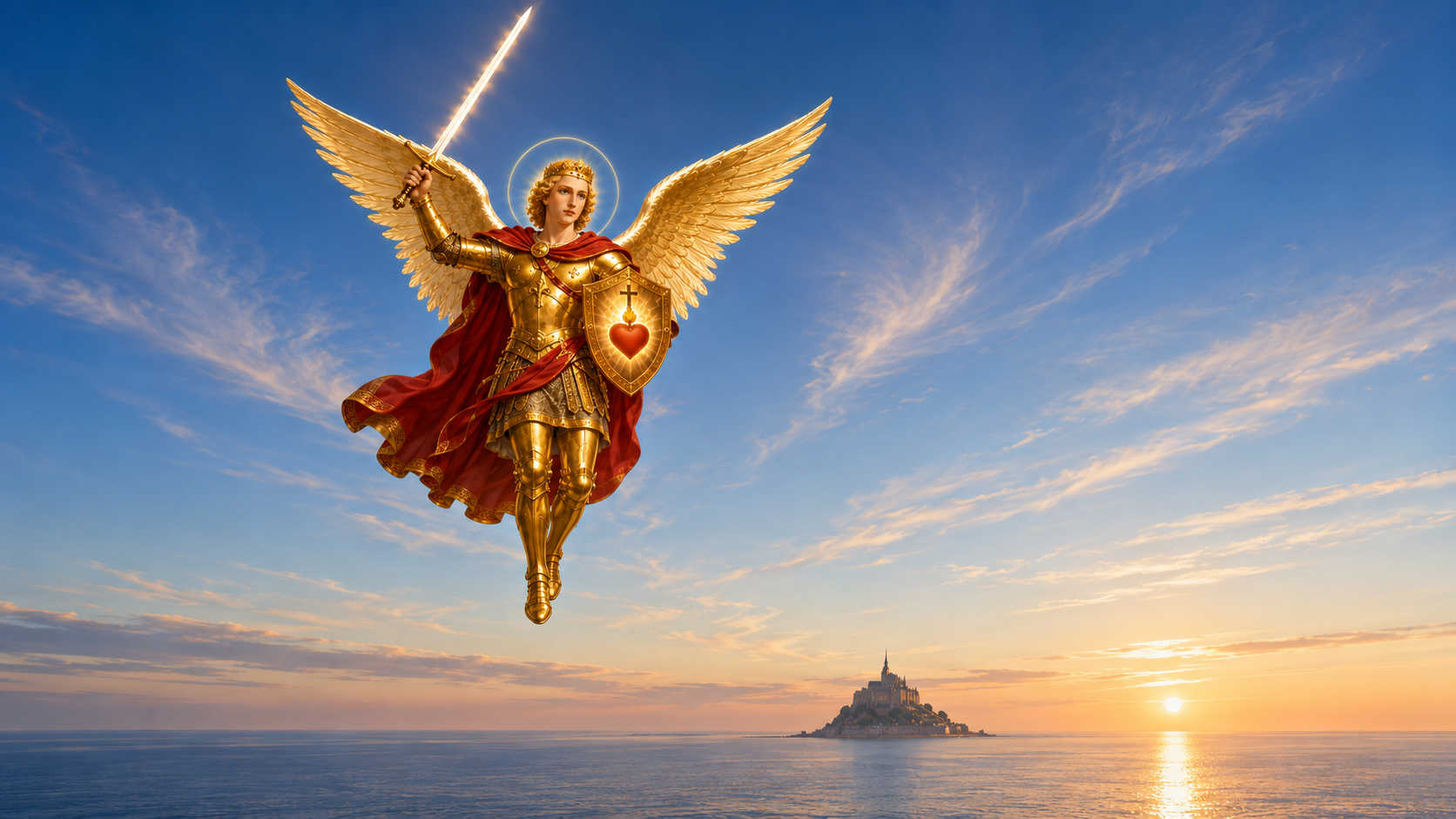Saint Michel archange au mont saint michel le soir